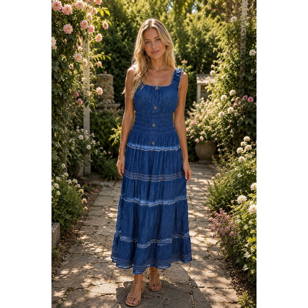NWT Denim Cottagecore Boho Peasant Dress XL Rodeo Button Smocked Prairie Tiered
